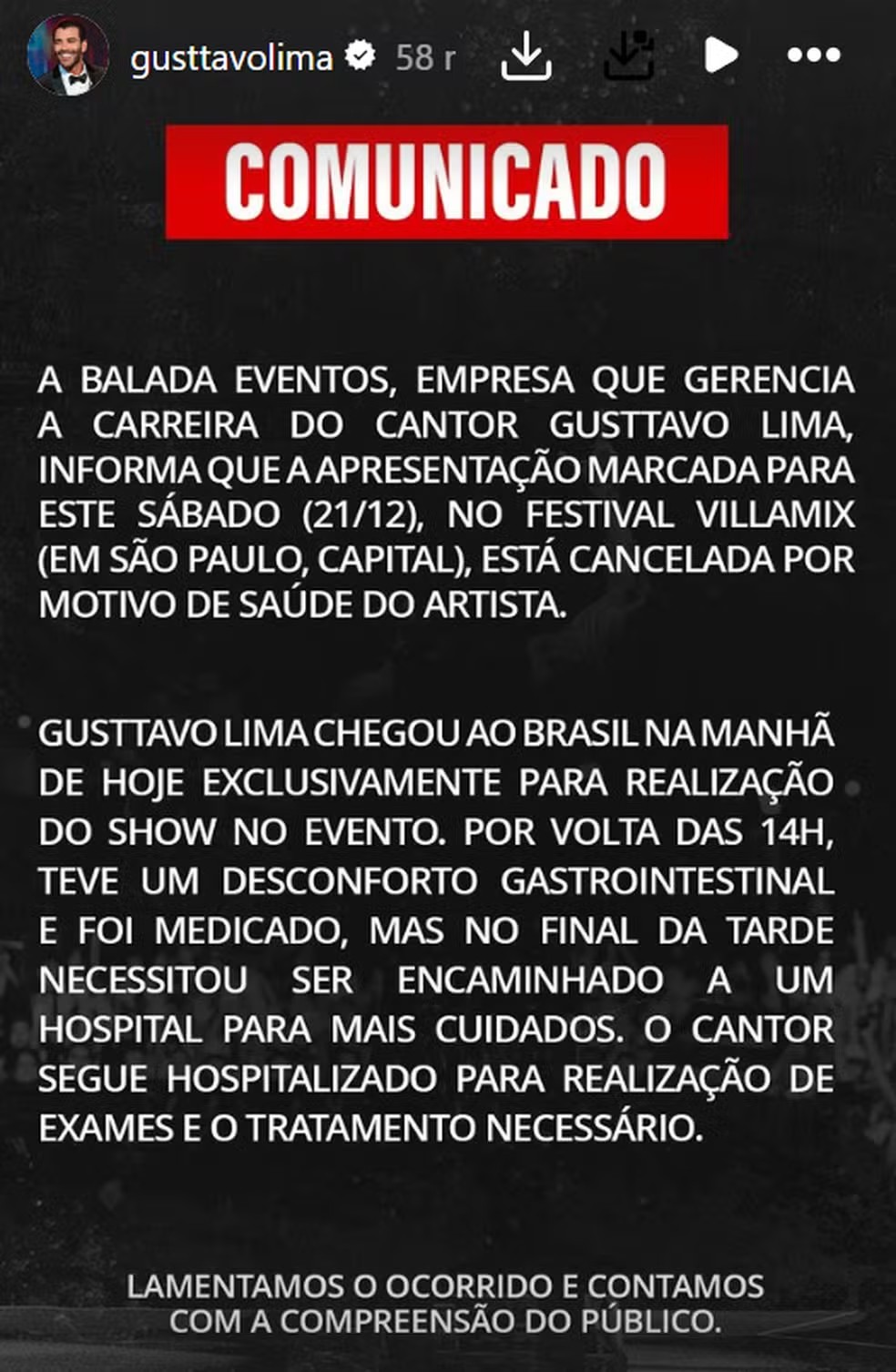 Gusttavo Lima odwołuje występ Villa Miz ze względu na konieczność hospitalizacji — Zdjęcie: Reprodukcja/media społecznościowe