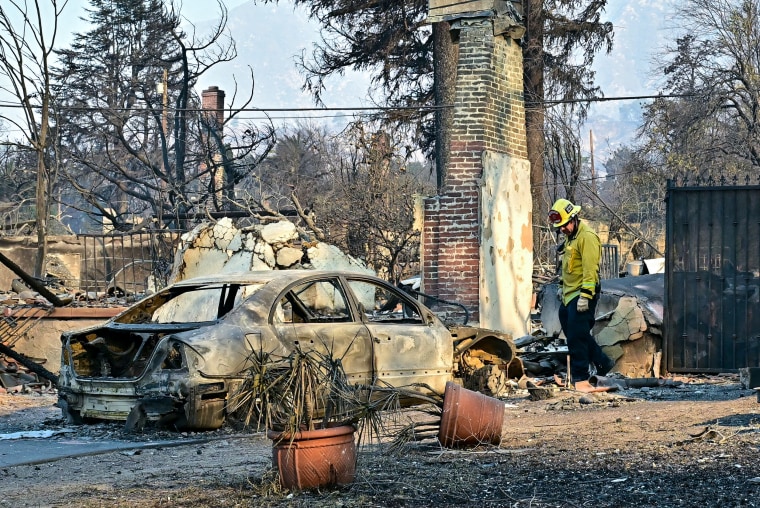 Strażak sprawdza zniszczenia obok spalonego samochodu.