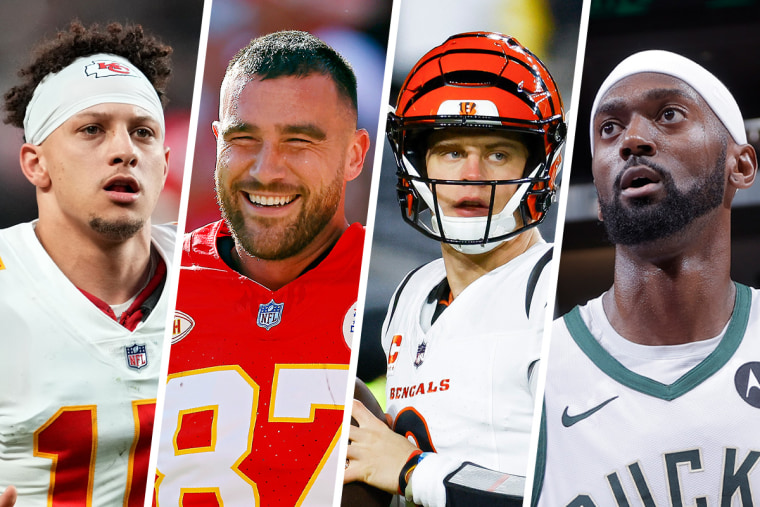 sportowcy Patrick Mahomes, Travis Kelce, Joe Burrows i Bobby Portis Jr.