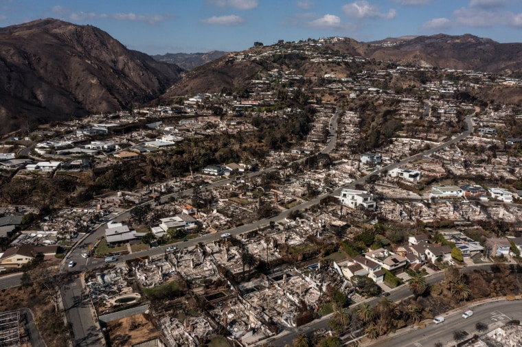 Zdjęcie: Domy uszkodzone i zniszczone przez ogień Palisades w dzielnicy Pacific Palisades